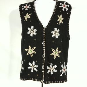 One Resource Beaded Snowflake Holiday Sweater Vest Black Silver Gold Medium